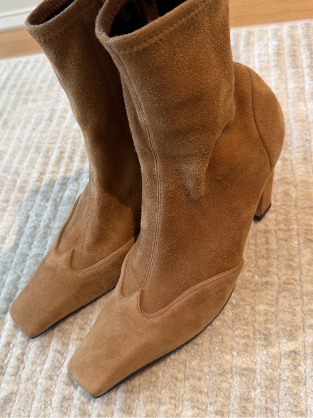 KHAITE Camel Suede Square-Toe Mid-Heel Ankle Boots